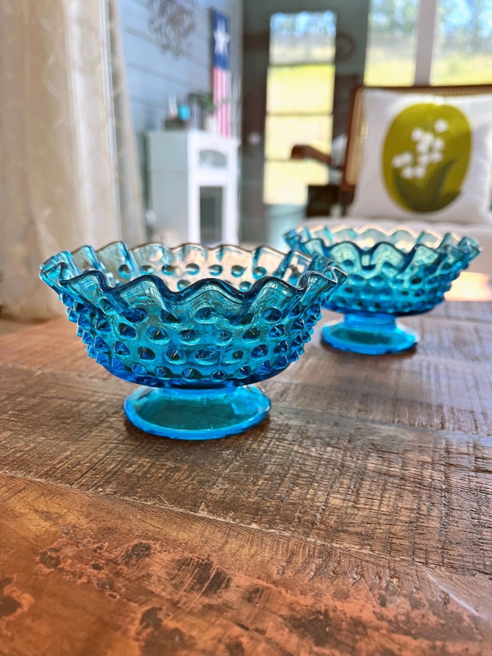 Vintage Blue Hobnail Candlestick Holders with Ruffled Edges (set of 2)